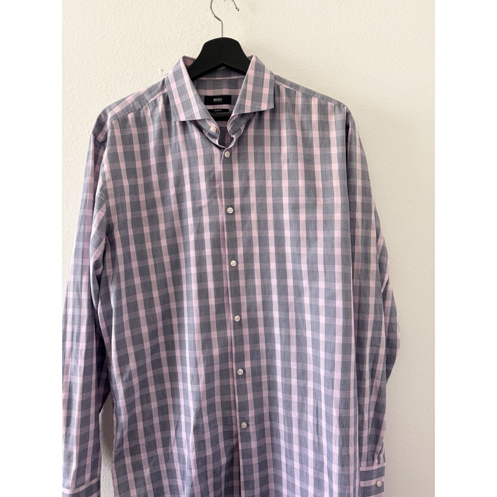 BOSS Hugo Boss Dress Shirt Mens 17 / 43 Slim Fit Gray Pink Plaid Long Sleeve